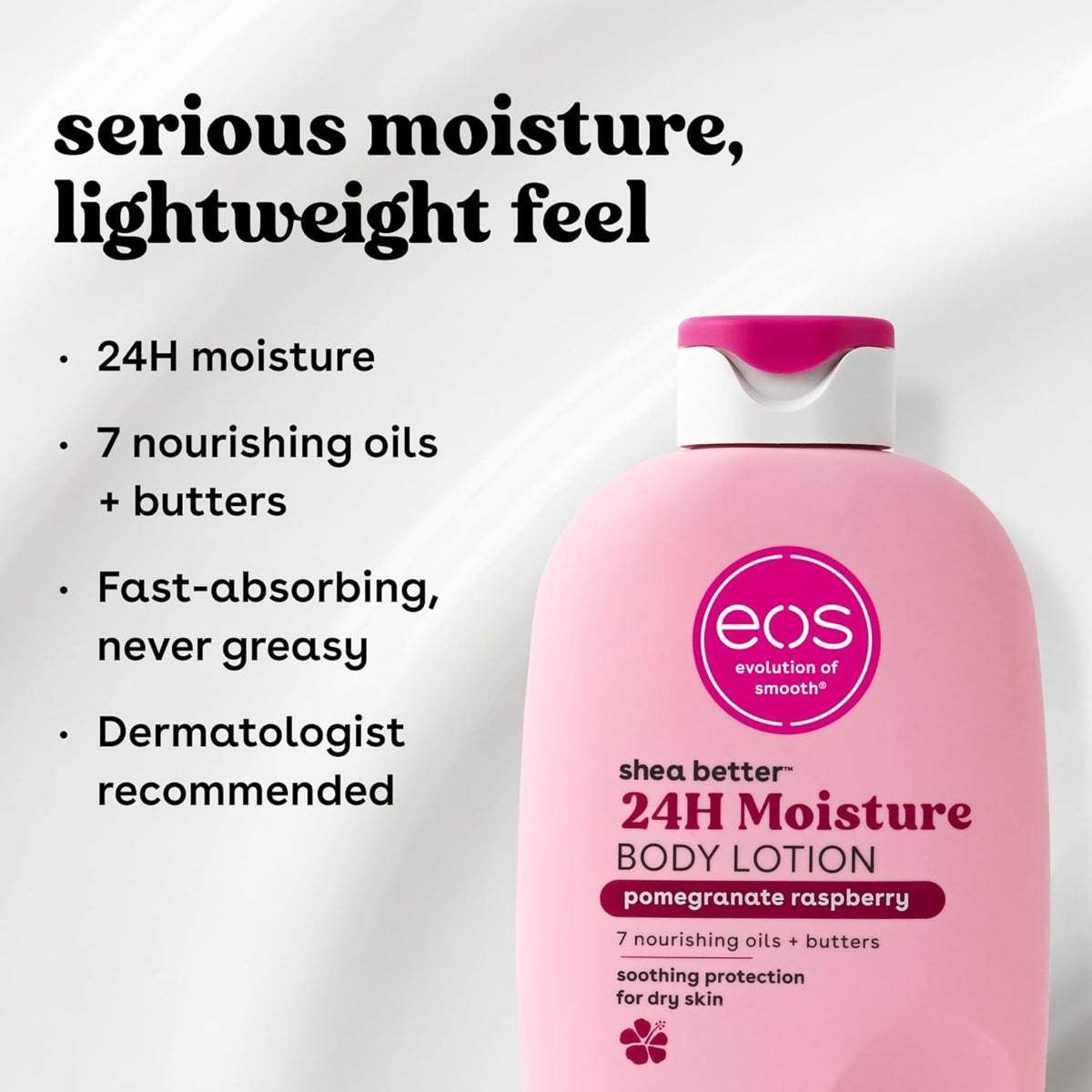 eos Shea Better 24H Moisture Body Lotion in pomegranate raspberry, pink bottle with pink lid against white background.