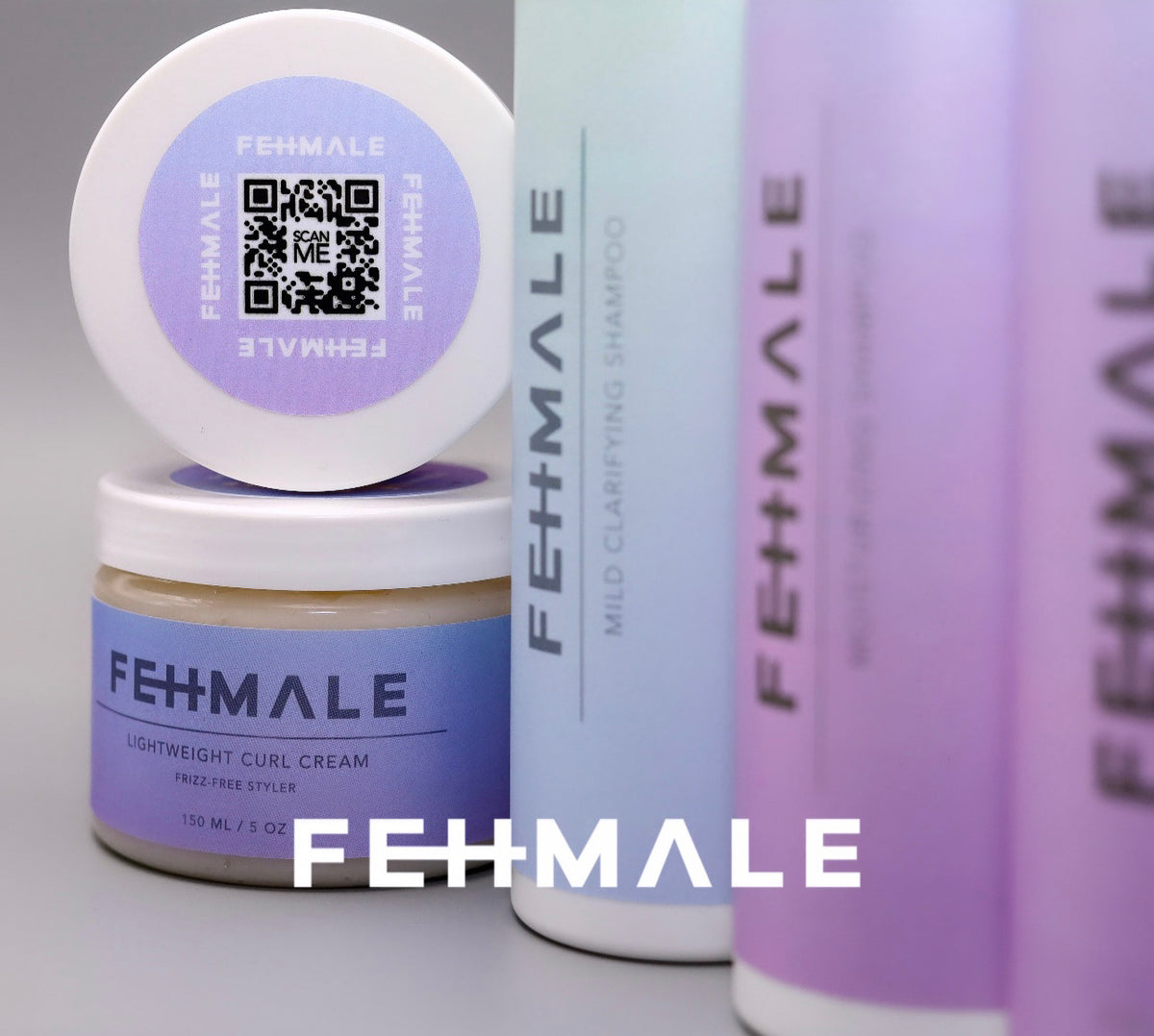 Fehmale Conditioner 250ml in purple bottle with black logo, standing next to Fehmale shampoo and curl cream in bucket.