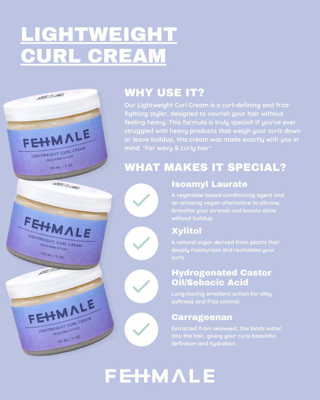 Fehmale Lightweight Curl Cream 150ml in purple bucket with white lid, shown with product benefits and natural ingredients on infographic.
