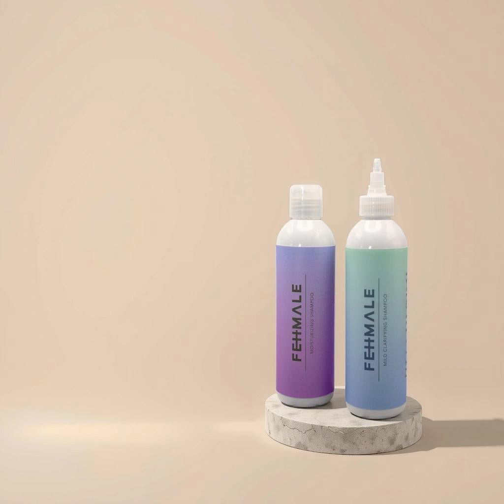 Fehmale Moisturizing Shampoo 250ml and Clarifying Shampoo 250ml standing together on a round stone marble plate with a beige background.
