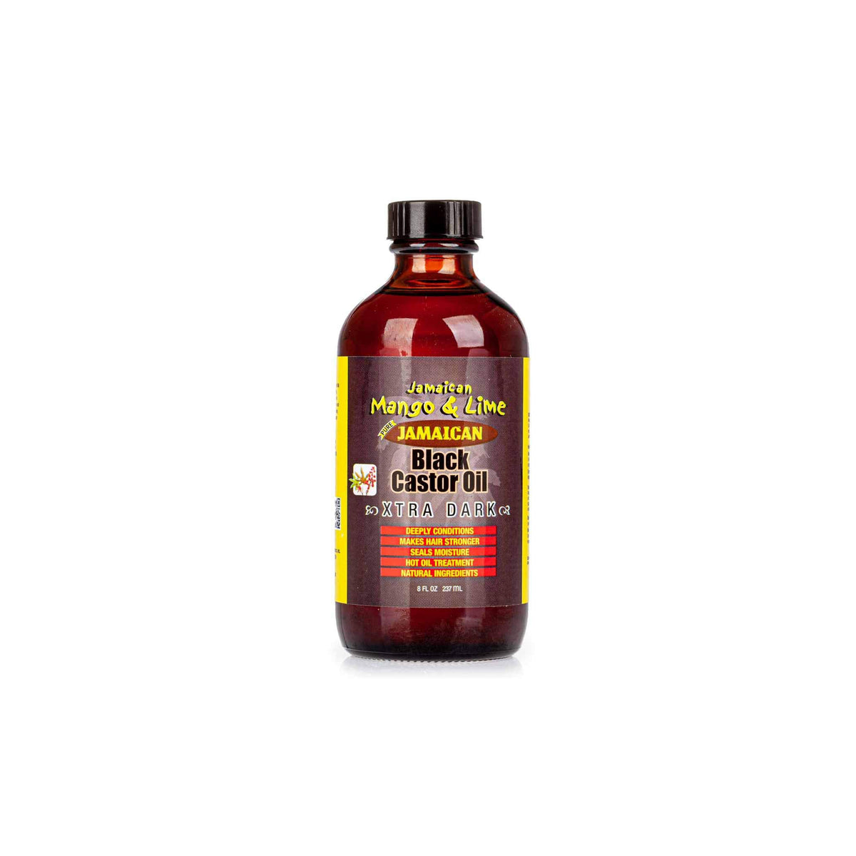Front view of Jamaican Mango & Lime Black Castor Oil Xtra Dark showing the label with information about the product's benefits and ingredients.