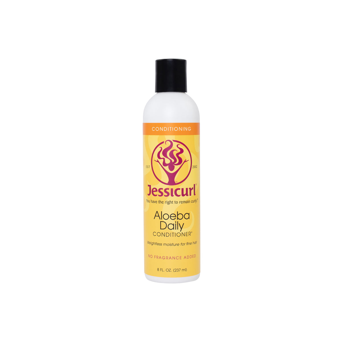 Jessicurl Aloeba Daily Conditioner 235ml in white bottle with black lid and yellow-orange label with purple logo and orange top.