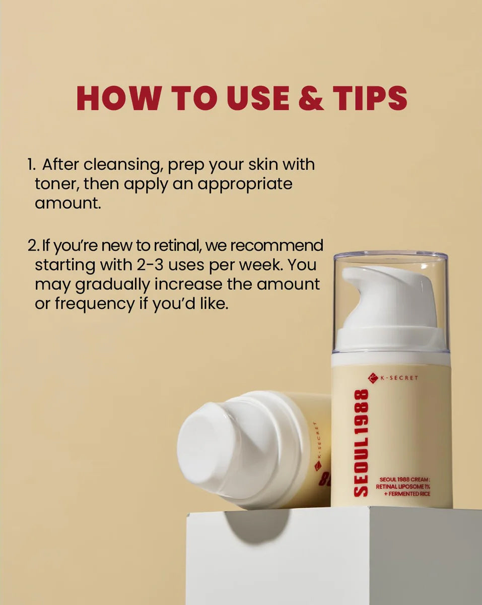 Two vertical and horizontal bottles of K-Secret Cream: Retinal Liposome 1% + Fermented Rice 50 ml on a beige background.