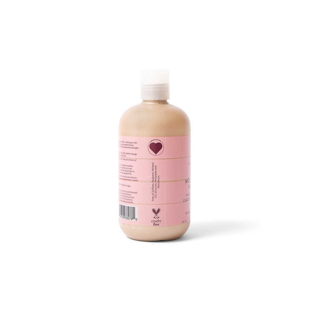 Side view of the KeraCare Curlessence Moisturizing Shampoo bottle with information about ingredients not in the product (sulfates, parabens, mineral oil, silicones, phthalates and petrolatum) and a cruelty-free logo.