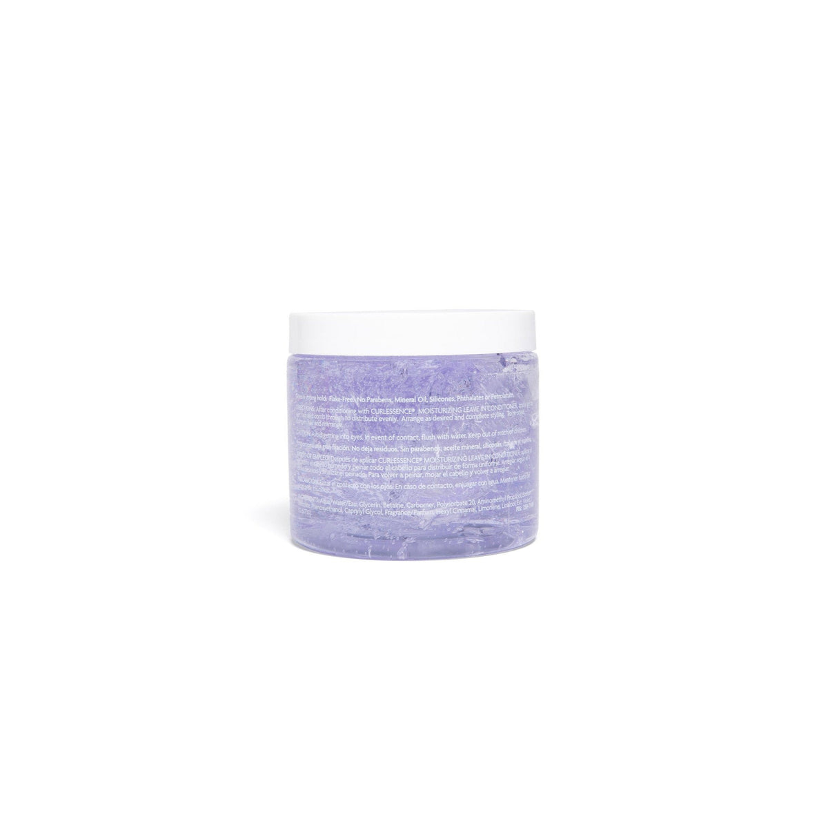 Image of the back of a clear container with a white lid, containing purple/bluish Keracare Gelessence Super Hold Gel. Text on the label highlights the absence of parabens, mineral oil, silicones and phthalates. Suitable for natural and straightened hair. 455 grams.