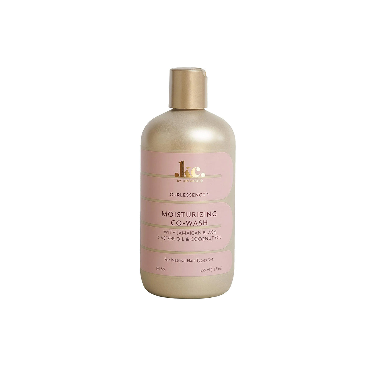 Gold colored bottle of KeraCare Curlessence Moisturizing Co-Wash 355ml with pink label and natural oils for curly hair.