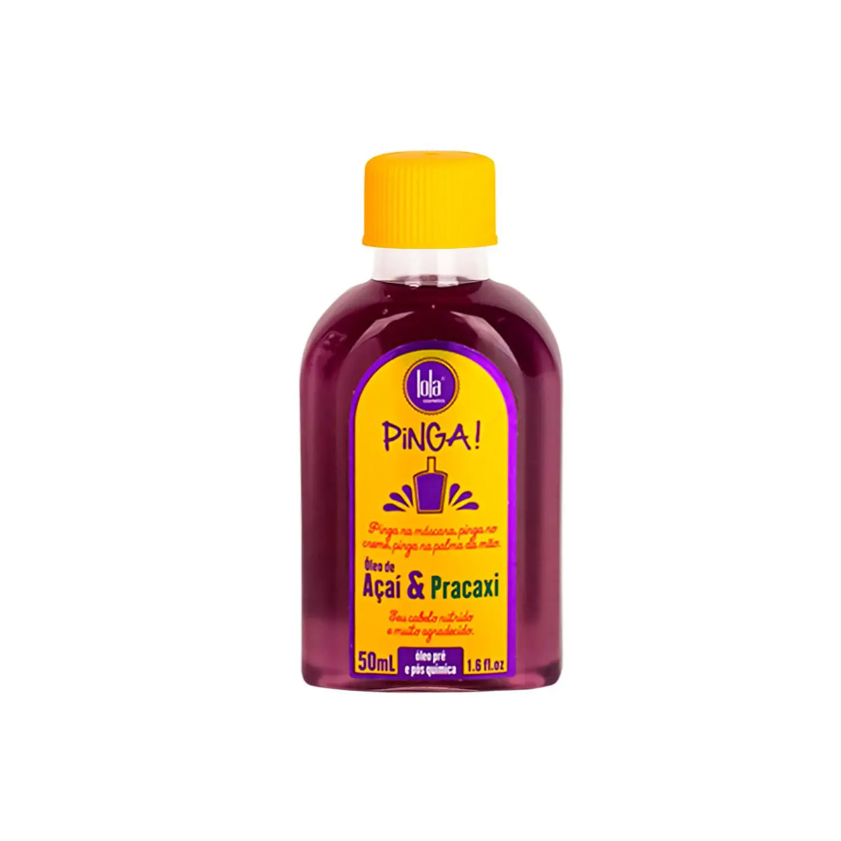 Purple bottle of Lola Pinga Acai & Pracaxi Multifunctional Oil 50ml with yellow lid and colorful label on white background.