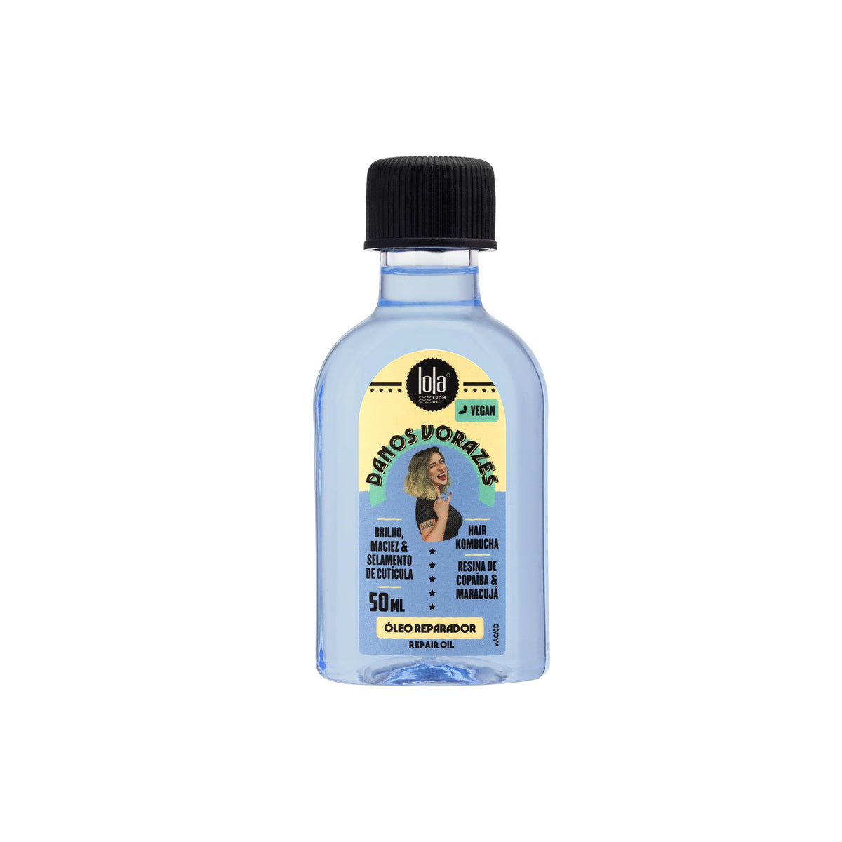 Light blue bottle with Lola Danos Vorazes Repair Oil 50ml, vegan hair oil with kombucha and passion fruit.