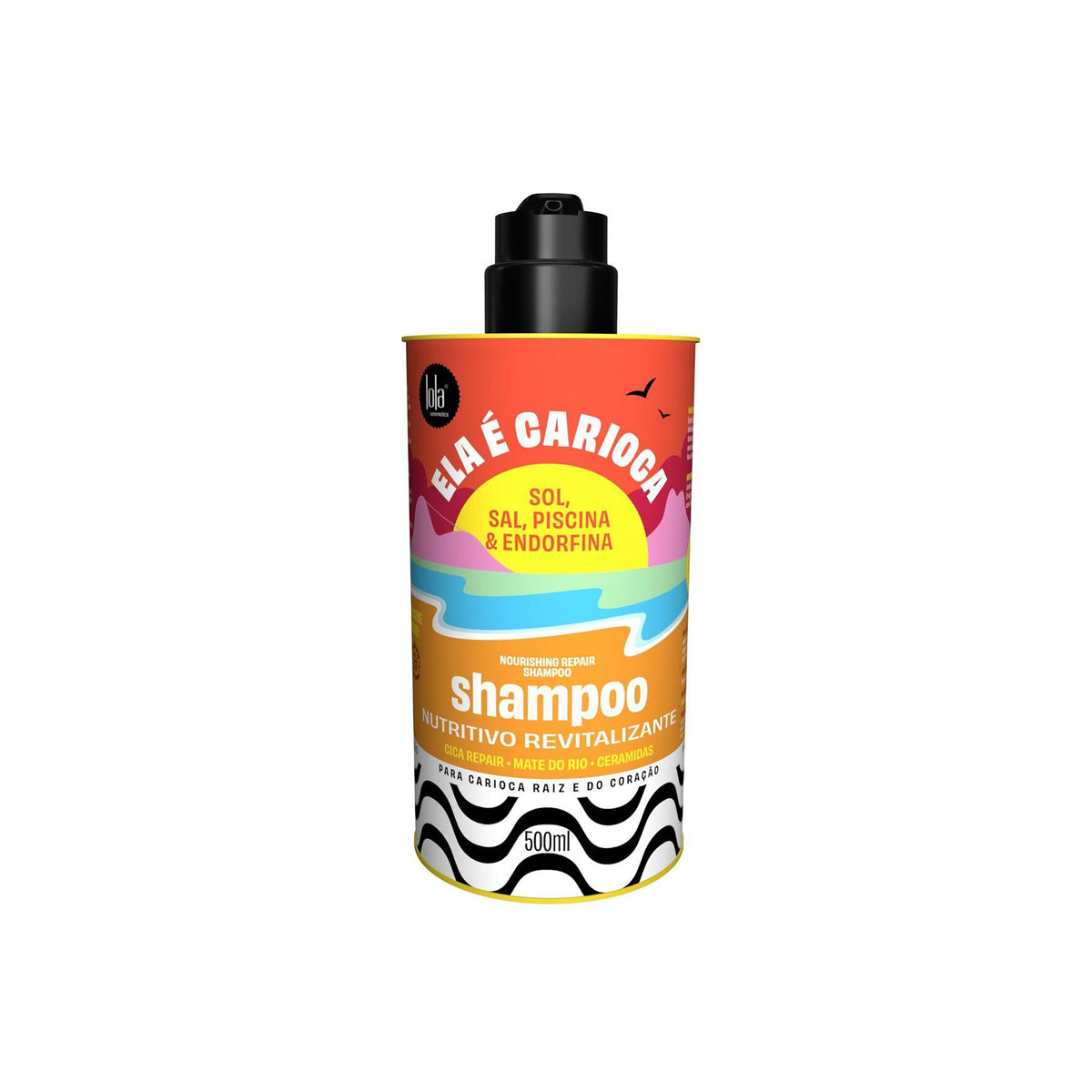 Colorful bottle of Lola Ela E Carioca Nourishing Repair Shampoo 500ml with black lid and tropical design in warm shades.