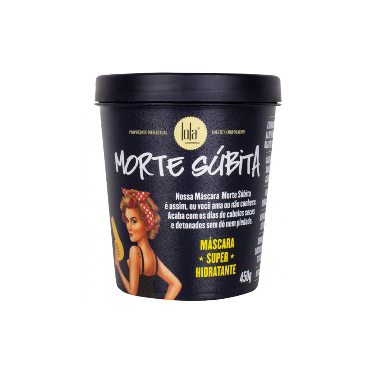 Black container with Lola Morte Subita Moisturizing Mask 450ml with retro illustration and yellow text on a white background.