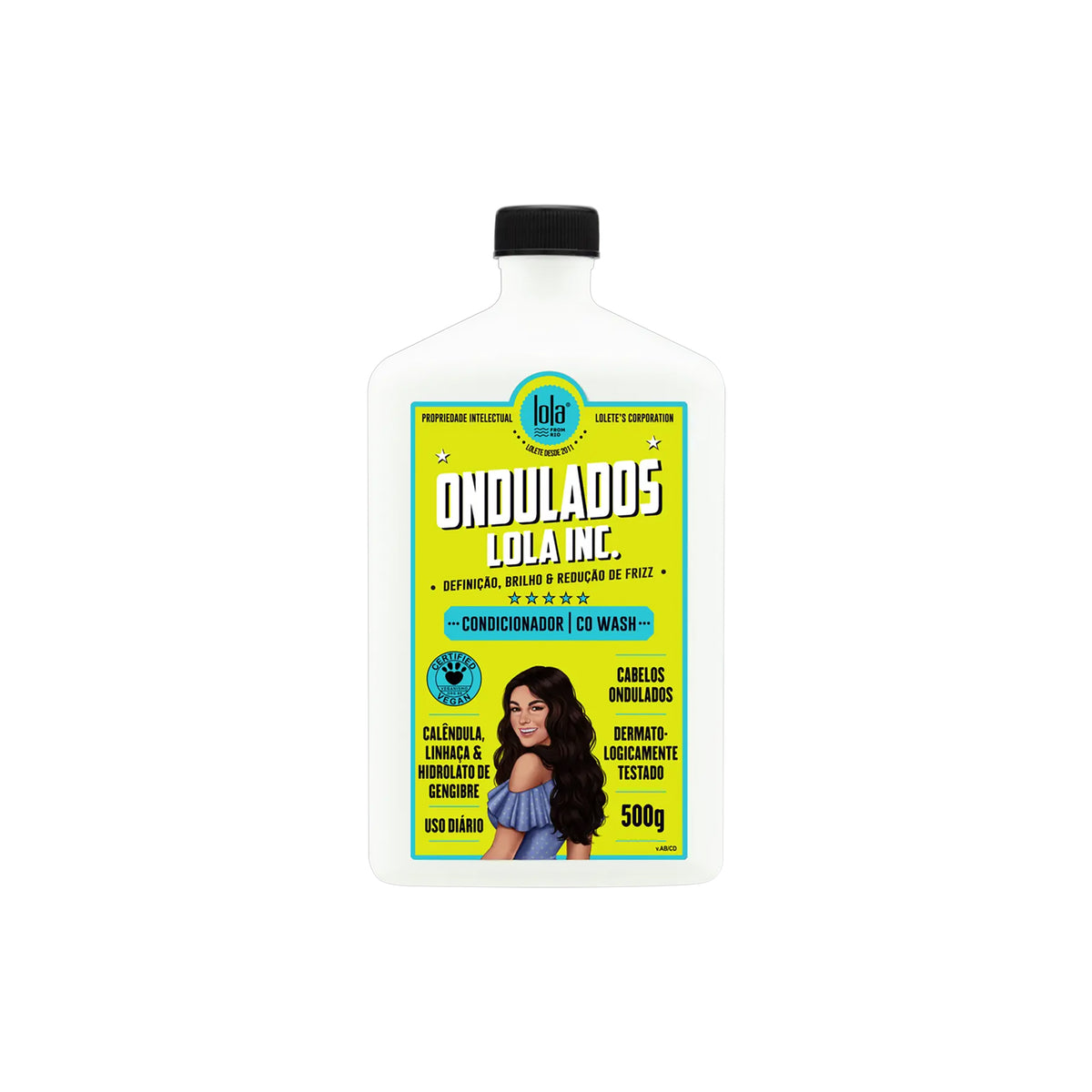 Bottle of Lola Ondulados Lola Inc. Conditioner 500ml with yellow label, black lid and illustration of woman with wavy hair.
