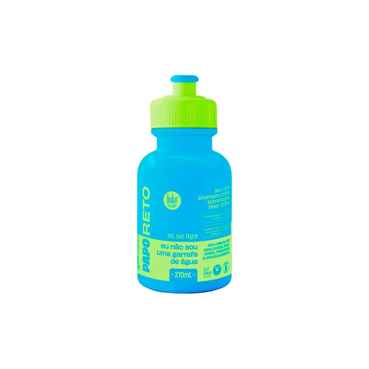 Blue bottle with Lola Papo Reto Detox Shampoo 270ml with green lid and colorful text on a white background.