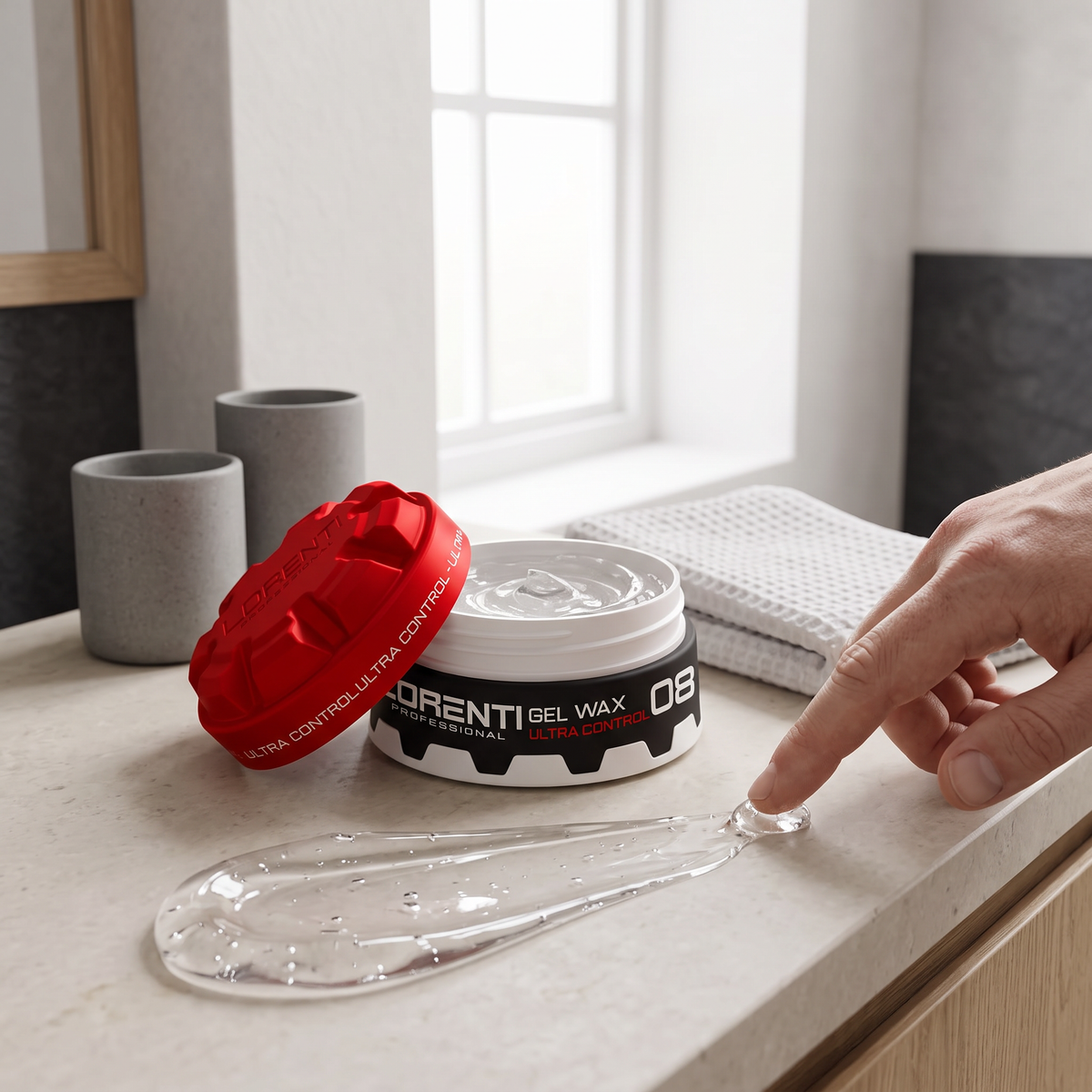 Lorenti Professional Gel Wax 08 Ultra Control med åbent låg og klar gelé smurt ud på badeværelsesbordplade.