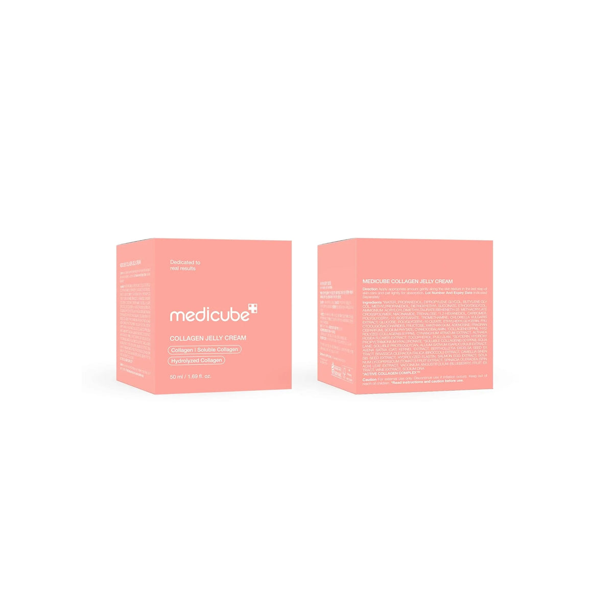 Two pink boxes with Medicube Collagen Jelly Cream 50ml, placed against a white background, show the product name and ingredients.
