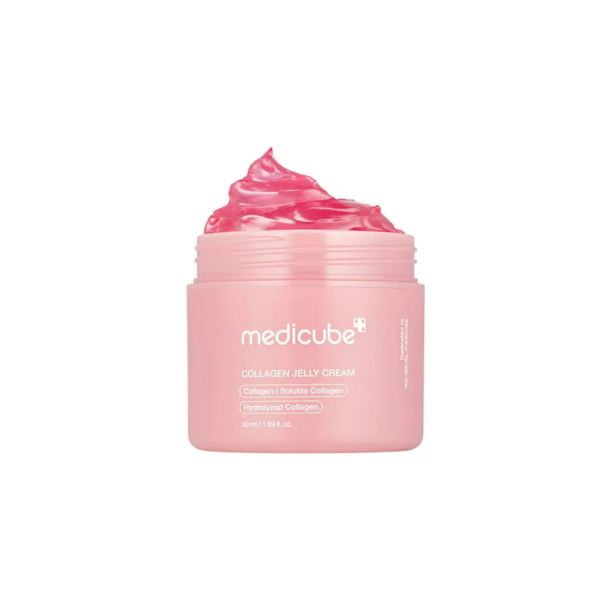 Pink jar with Medicube Collagen Jelly Cream 50ml, filled with pink, jelly-like cream with collagen.