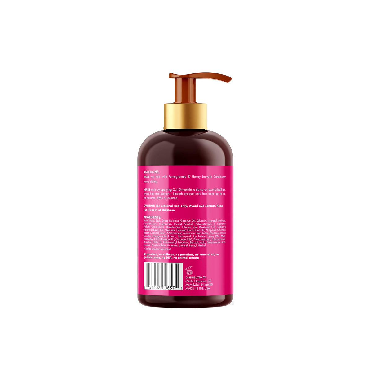 The back of Mielle Pomegranate & Honey Curl Smoothie (355ml) lists ingredients, instructions for use on curly hair and 'free from' information.