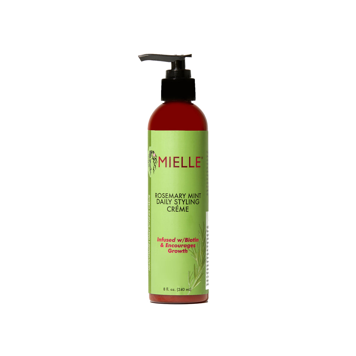 Black bottle with black pump of Mielle Rosemary Mint Multi-Vitamin Daily Styling Crème (240 ml) and green label.