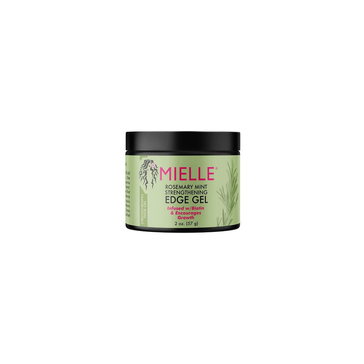 Black plastic container with Mielle Rosemary Mint Strengthening Edge Gel (57g) with green label.