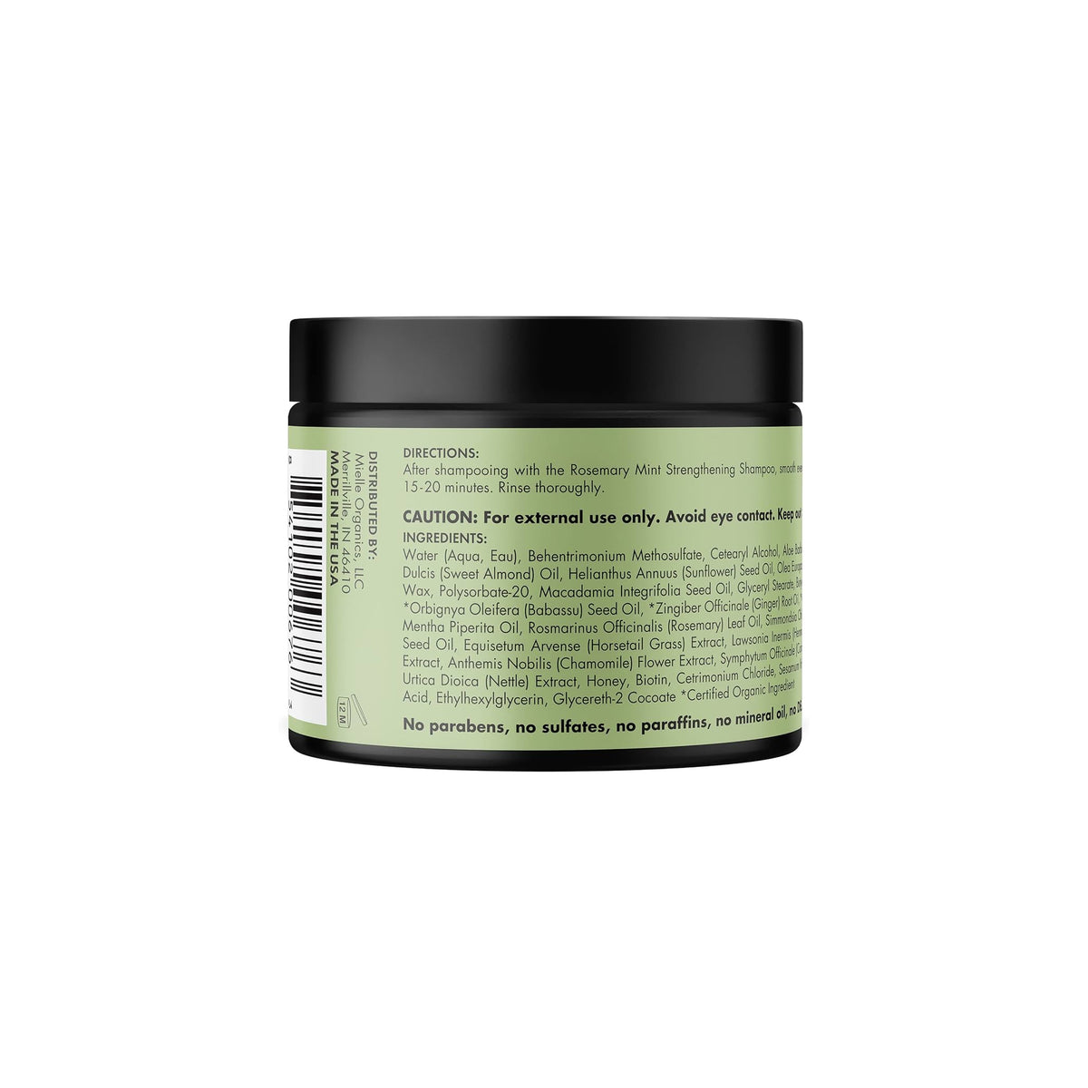 Back of Mielle Rosemary Mint Strengthening Hair Masque (340 ml) with ingredients list, instructions for use and manufacturer information.