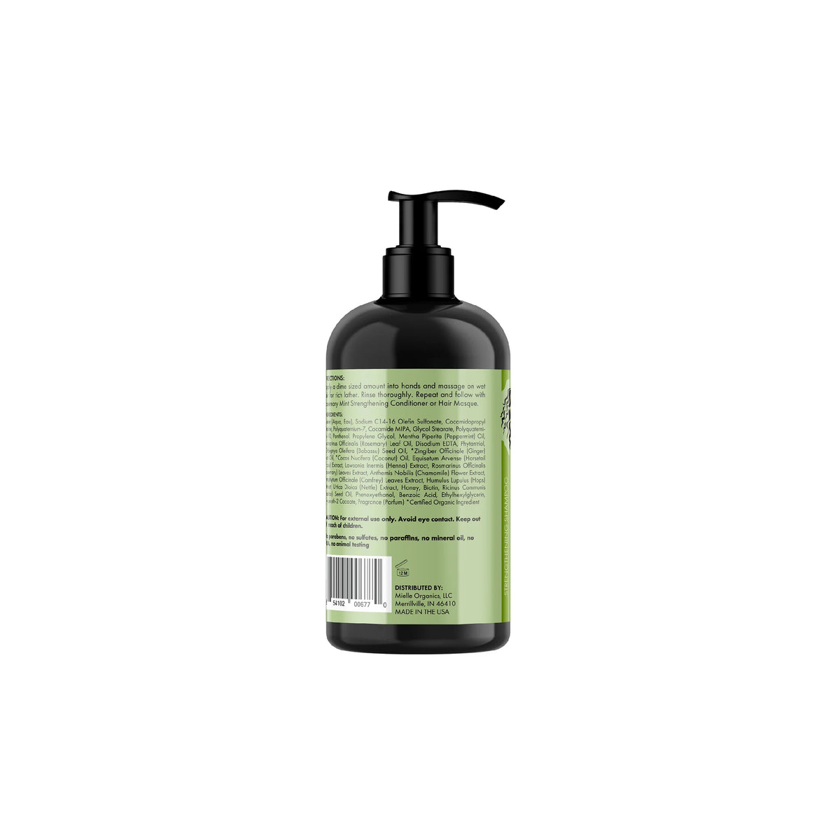 Back of Mielle Rosemary Mint Strengthening Shampoo (355 ml) with ingredients list and instructions for use.