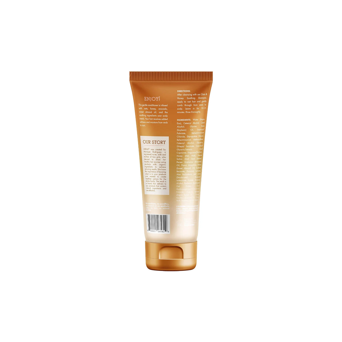 Back of Mielle Oats & Honey Soothing Conditioner 237ml with ingredient list and instructions for use on golden tube.