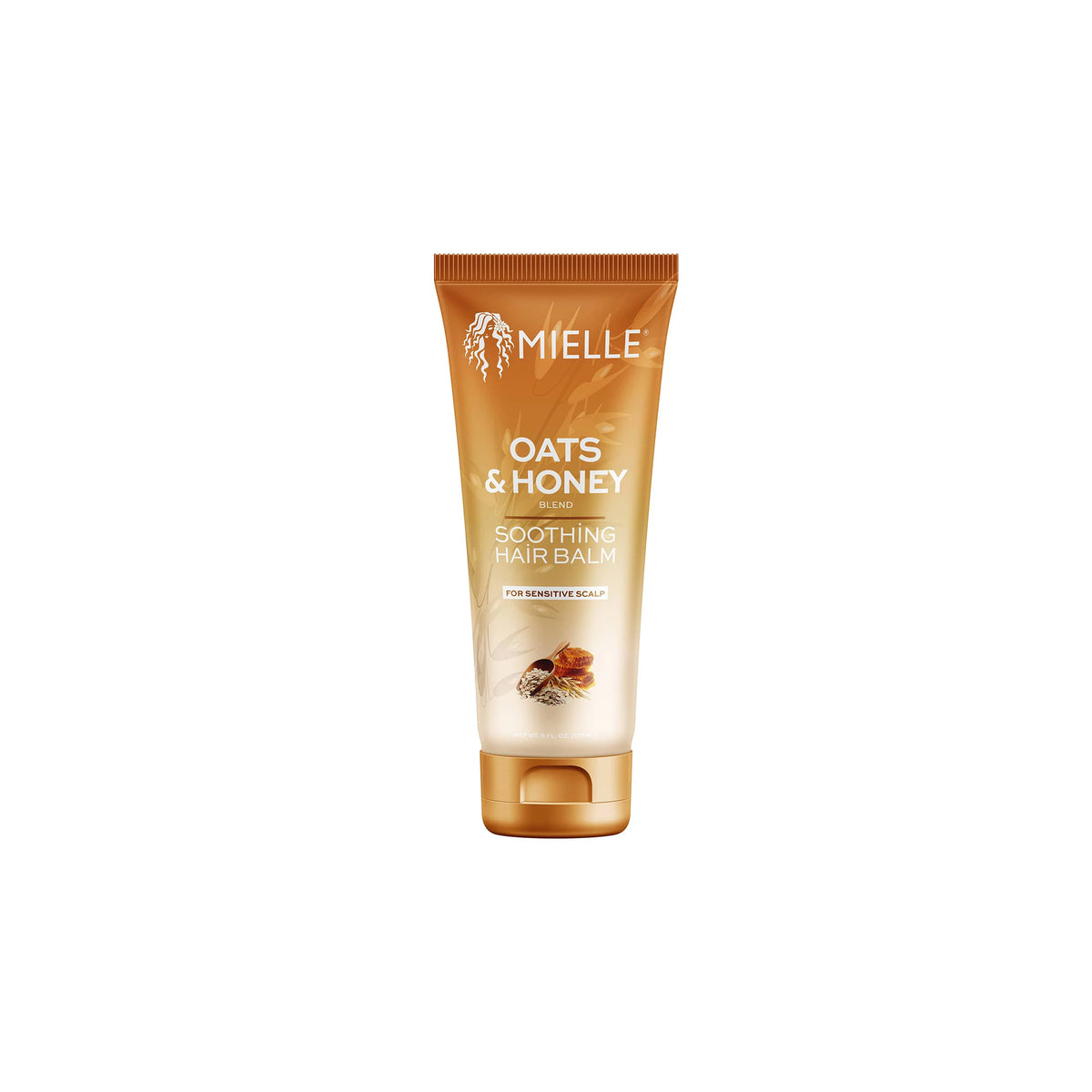 Mielle Oats & Honey Soothing Hair Balm 177ml in brown tube with honey and oats on the label against a white background.
