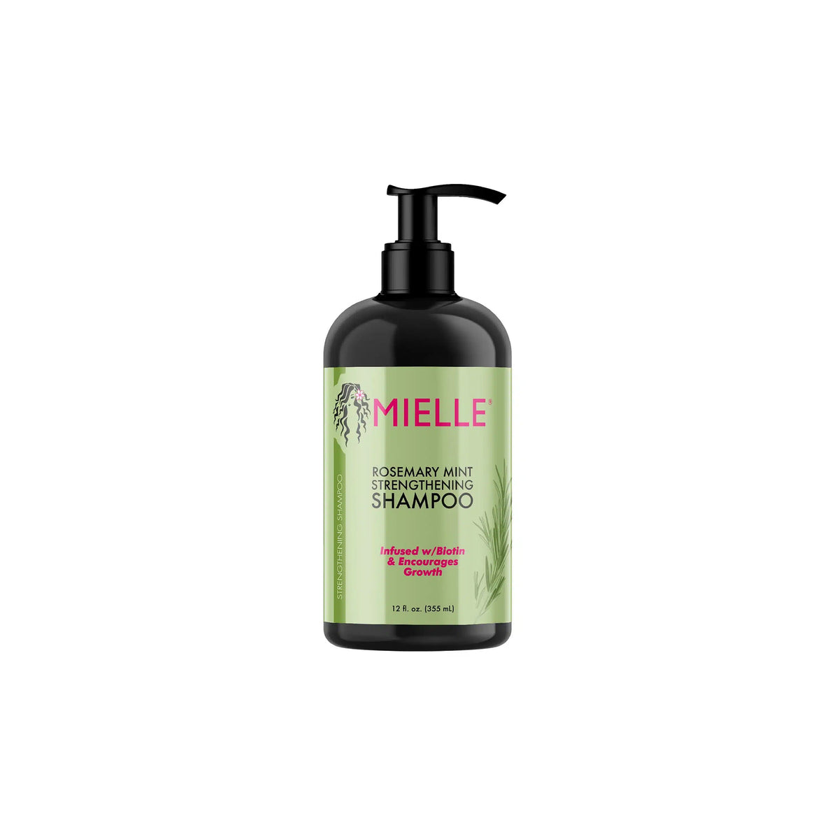 Black pump bottle Mielle Rosemary Mint Strengthening Conditioner 355ml with green label, strengthening conditioner with biotin and mint for healthy hair.