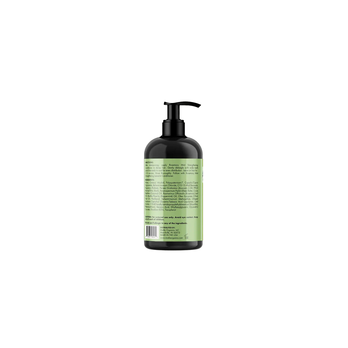 Back of black pump bottle Mielle Rosemary Mint Strengthening Conditioner 355ml with green label, showing ingredients and instructions for use.