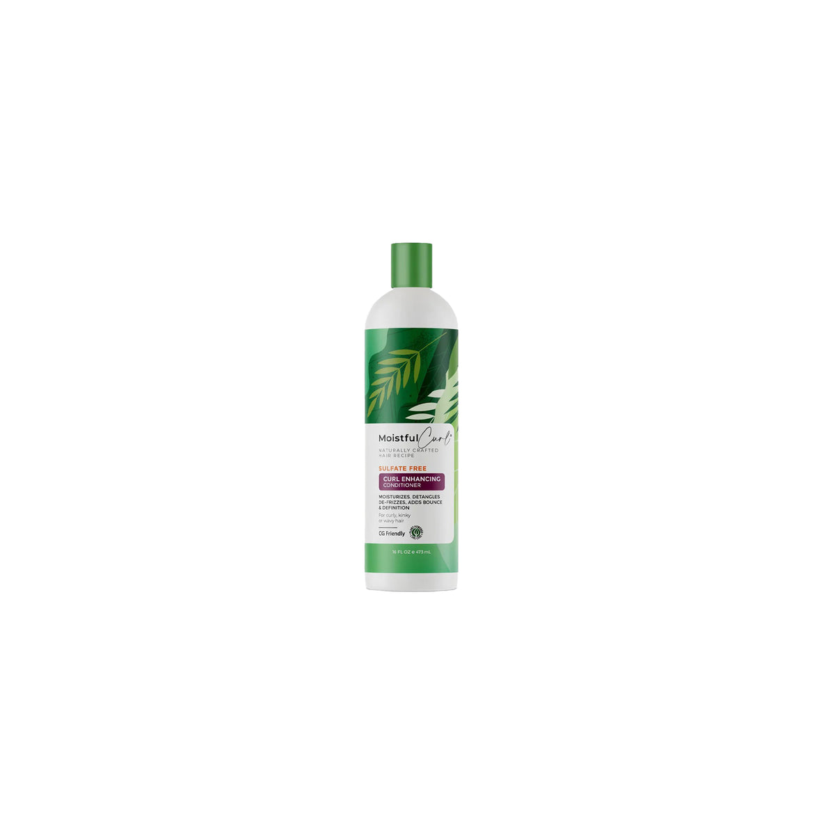White bottle with green cap and green label with white leaves containing Moistful Curl Sulfate Free Curl Enhancing Conditioner (473ml).