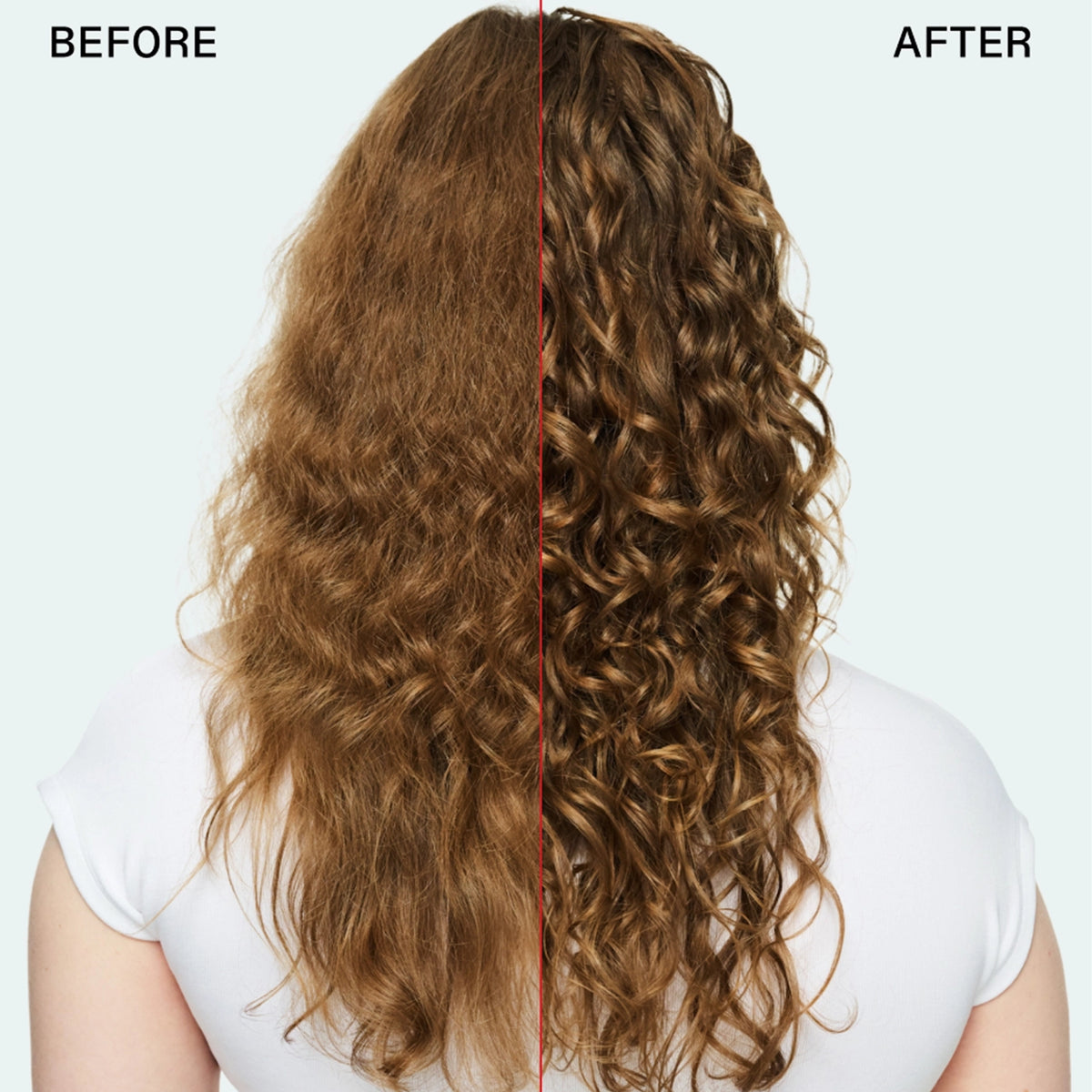 Before-and-after comparison of curly brown hair, from frizzy to defined and shiny with well-defined curls.