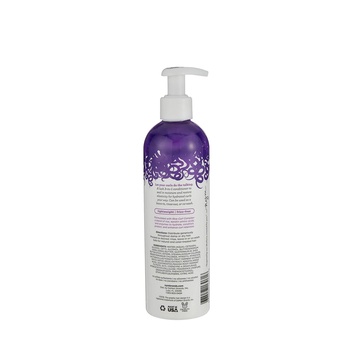 Bagsiden af en hvid flaske med lilla detaljer, der viser ingredienser, brugsanvisning og produktbeskrivelse for Not Your Mother's Curl Talk 3-in-1 Conditioner.