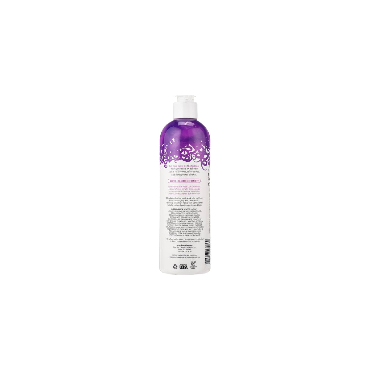 Back of bottle of Not Your Mother's Curl Talk Curl Care Shampoo with ingredients list and instructions for use.