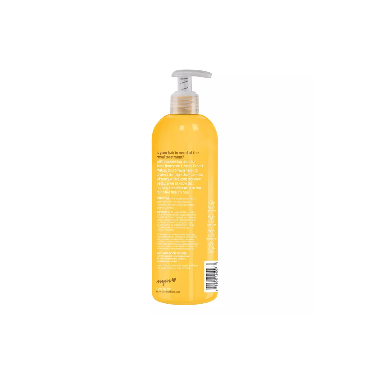 The back of an orange/yellow bottle of Not Your Mother's Naturals Royal Honey & Kalahari Desert Melon Conditioner showing product description, directions for use and ingredients list.