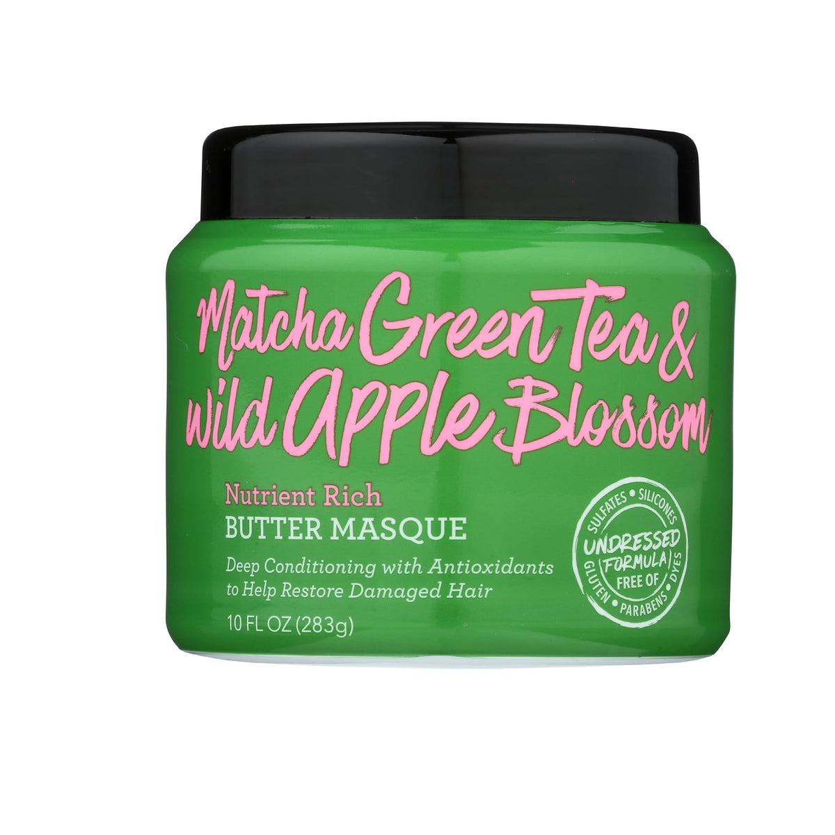 Not Your Mother's Matcha Green Tea & Wild Apple Blossom Butter Masque 283 g in green container with black lid and pink text.