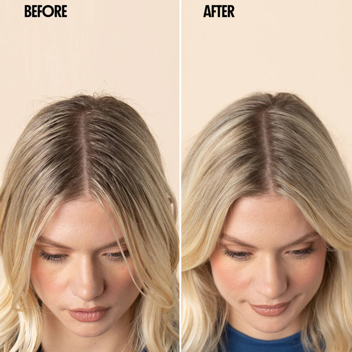 Before and after comparison of volume product for hair showing blonde hair with more volume and lighter highlights after use.