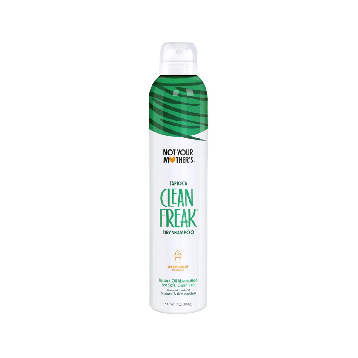 Not Your Mother's Clean Freak Tapioca dry shampoo with warm sugar scent in green and white spray can, 198 g.