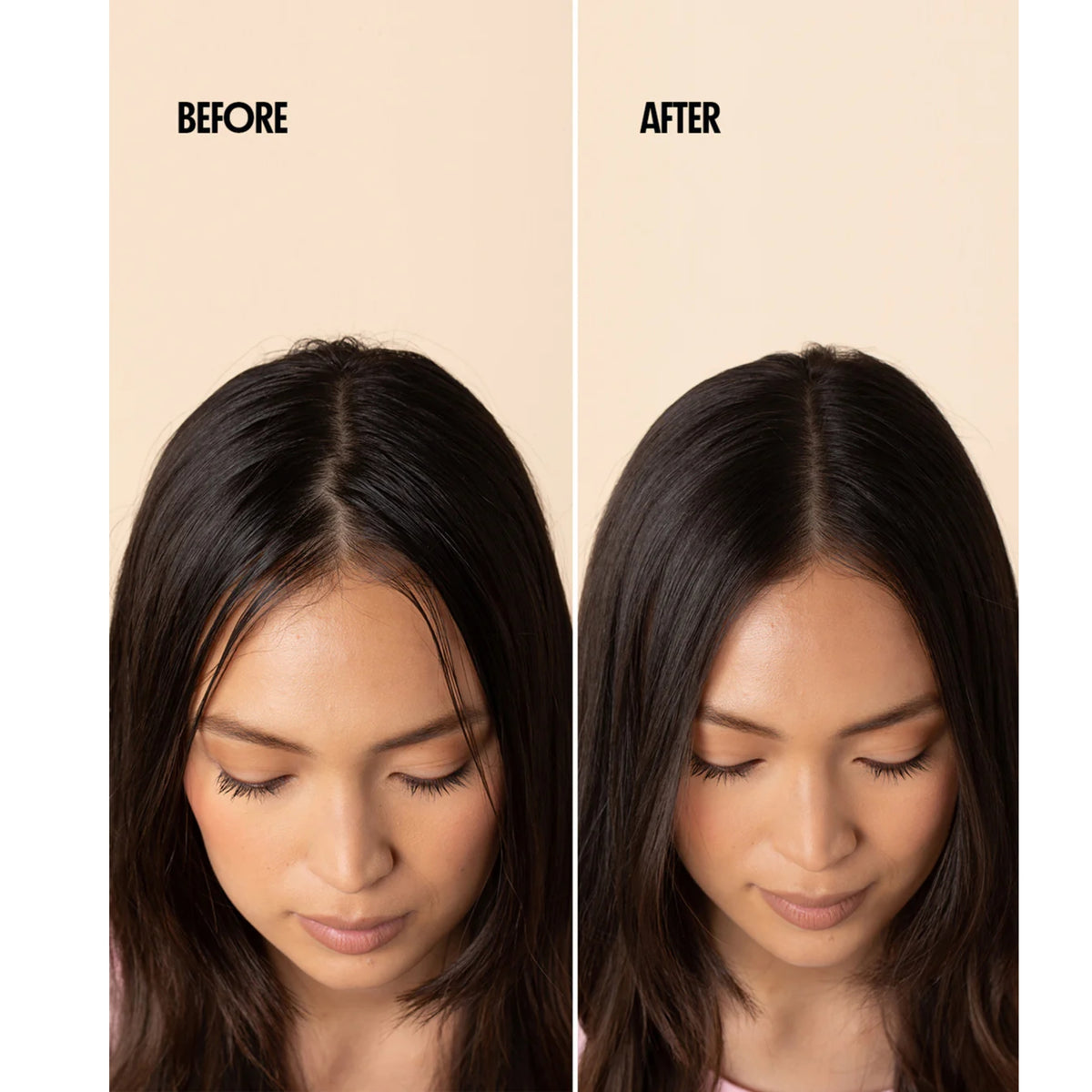 Before and after comparison of hair volume in a woman with dark hair, with thicker and fuller hair after use.