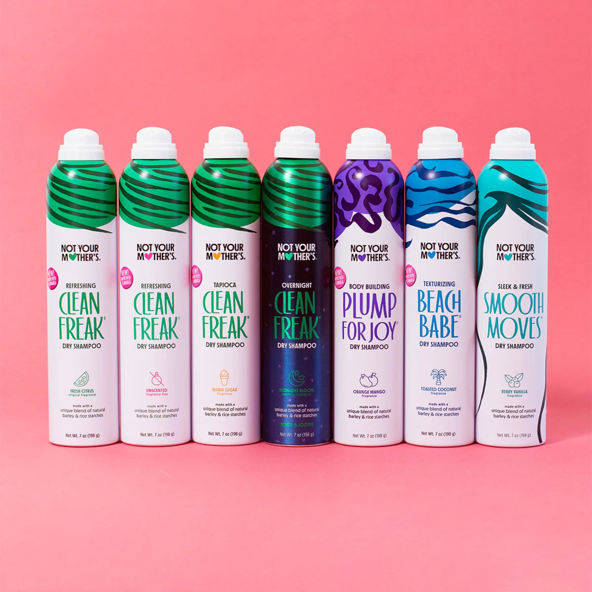 Not Your Mother's dry shampoo series with seven colorful cans in different variants on a pink background.