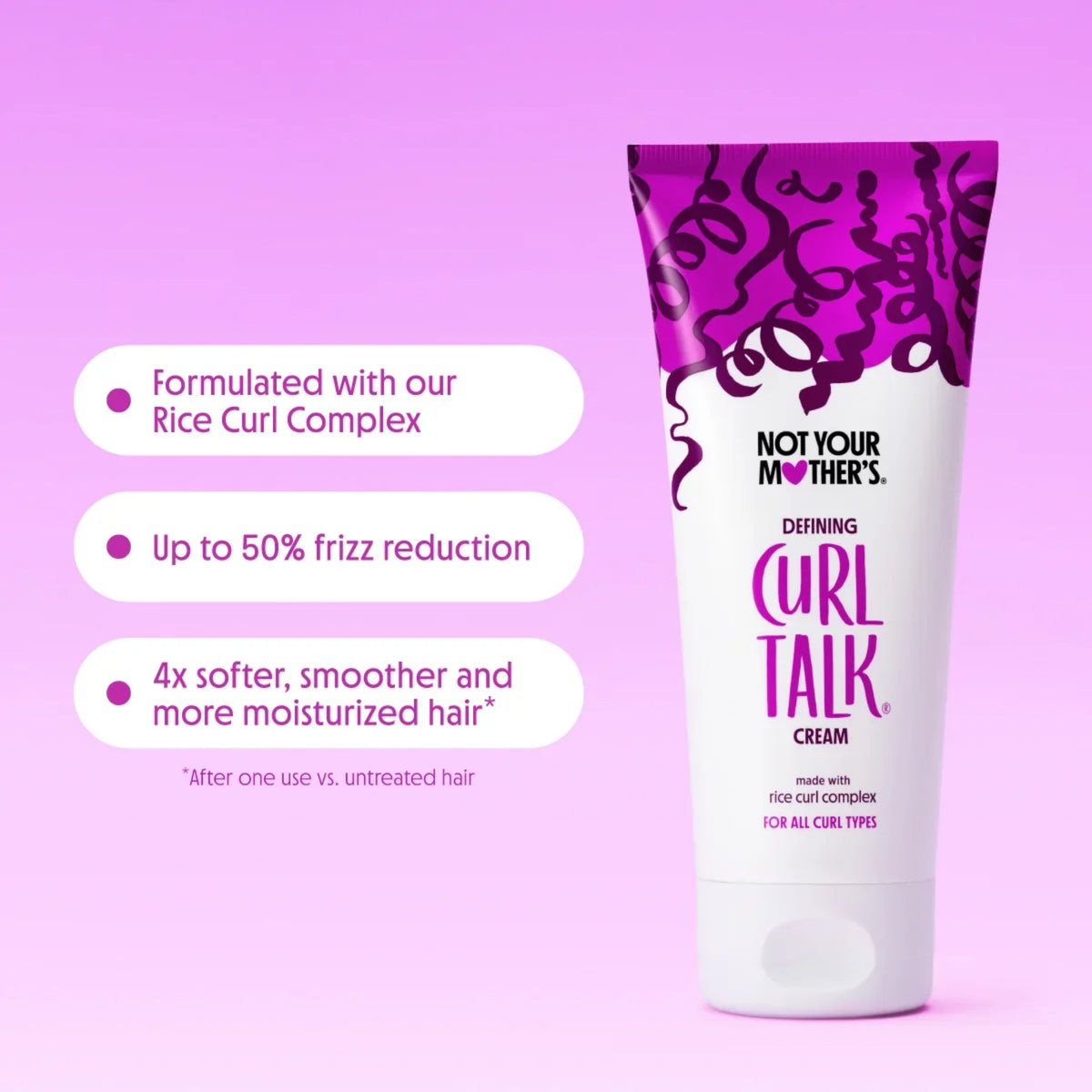 Not Your Mother's Curl Talk Defining Cream tube i lilla med curlmønster på lyslilla baggrund, 4x blødere hår.