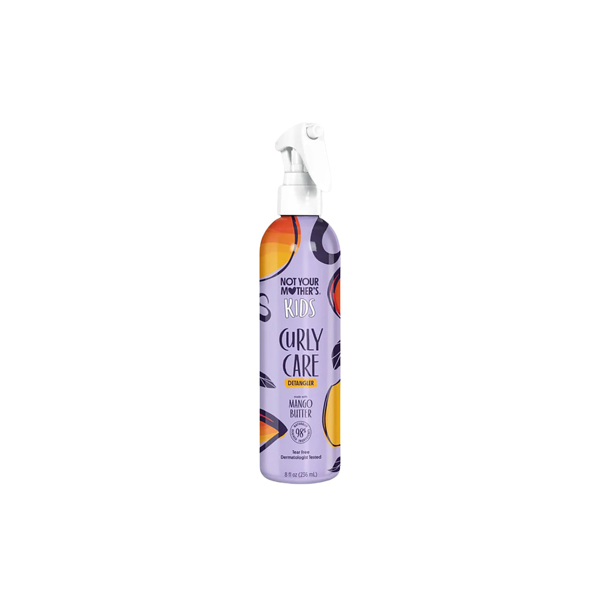 Purple spray bottle of Not Your Mother's Kids Curly Care Detangler with mango butter for curly children's hair.