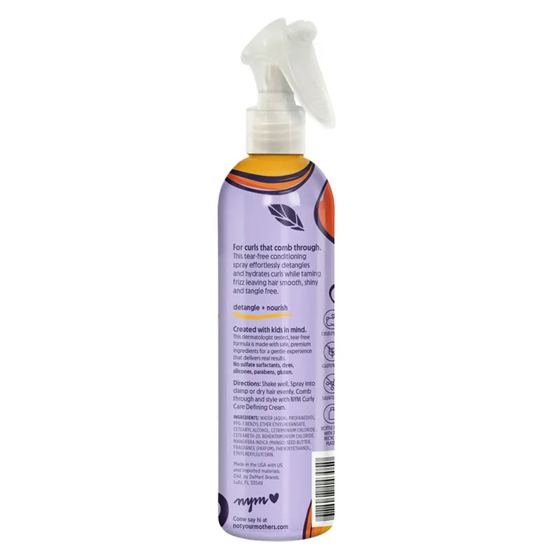 Purple spray bottle with Not Your Mother's Kids Curly Care Detangler 236ml for children, rear view with text and pump cap.
