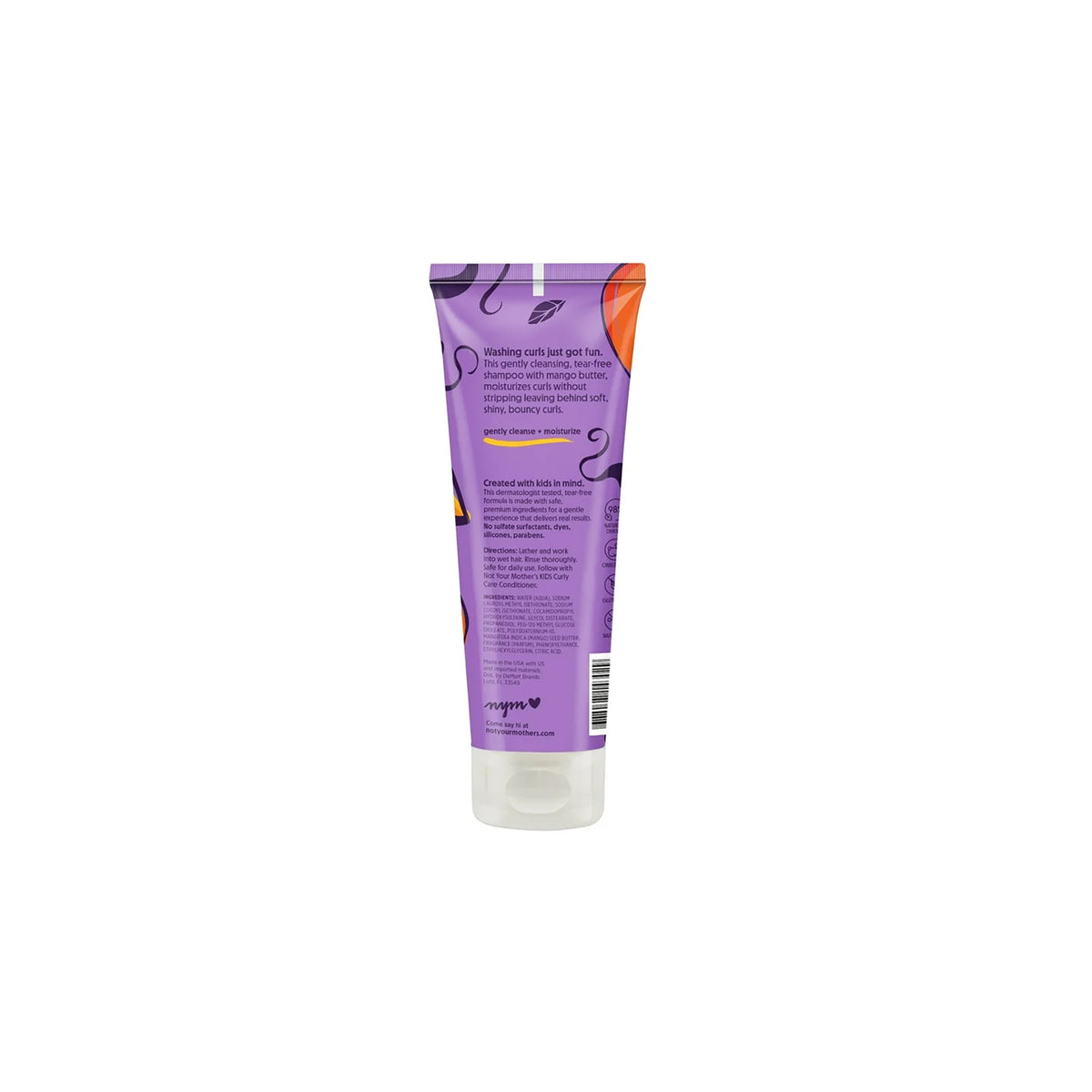 Purple tube with Not Your Mother's Kids Curly Care Shampoo 237ml with colorful details and text on the back.