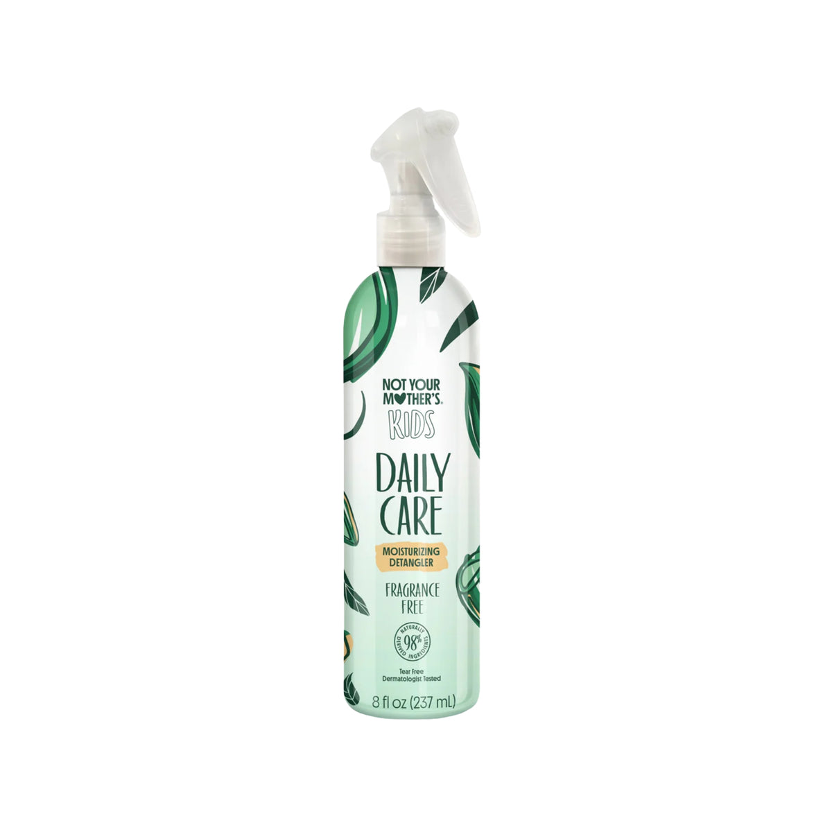 Not Your Mother's Kids Daily Care Moisturizing Detangler Spray, Fragrance Free, 8 fl oz with Green Leaf Pattern.