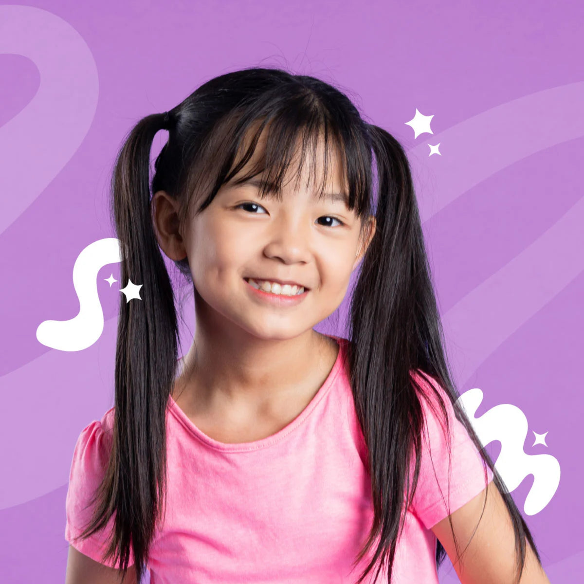 Smiling girl with dark sequins in a pink t-shirt on a purple background with stars.