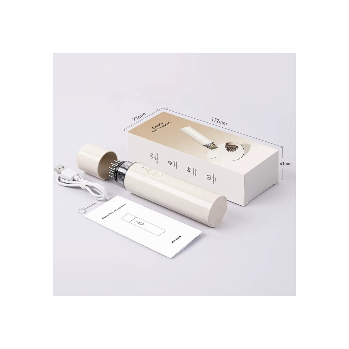 Oil and serum infusion pen shown with accessories: USB charging cable, user manual and original packaging with measurements indicated.