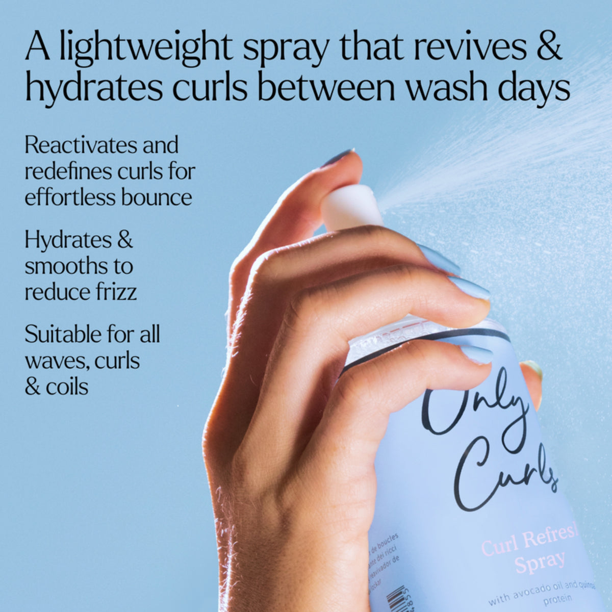 Hånd sprayer Only Curls Curl Refresh Spray med avocadoolie, der genopliver og hydrerer krøller mellem vaske.