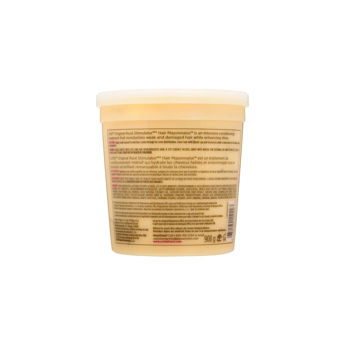 Back of ORS HAIRestore Hair Mayonnaise (908g) with list of ingredients, instructions for use and product information.