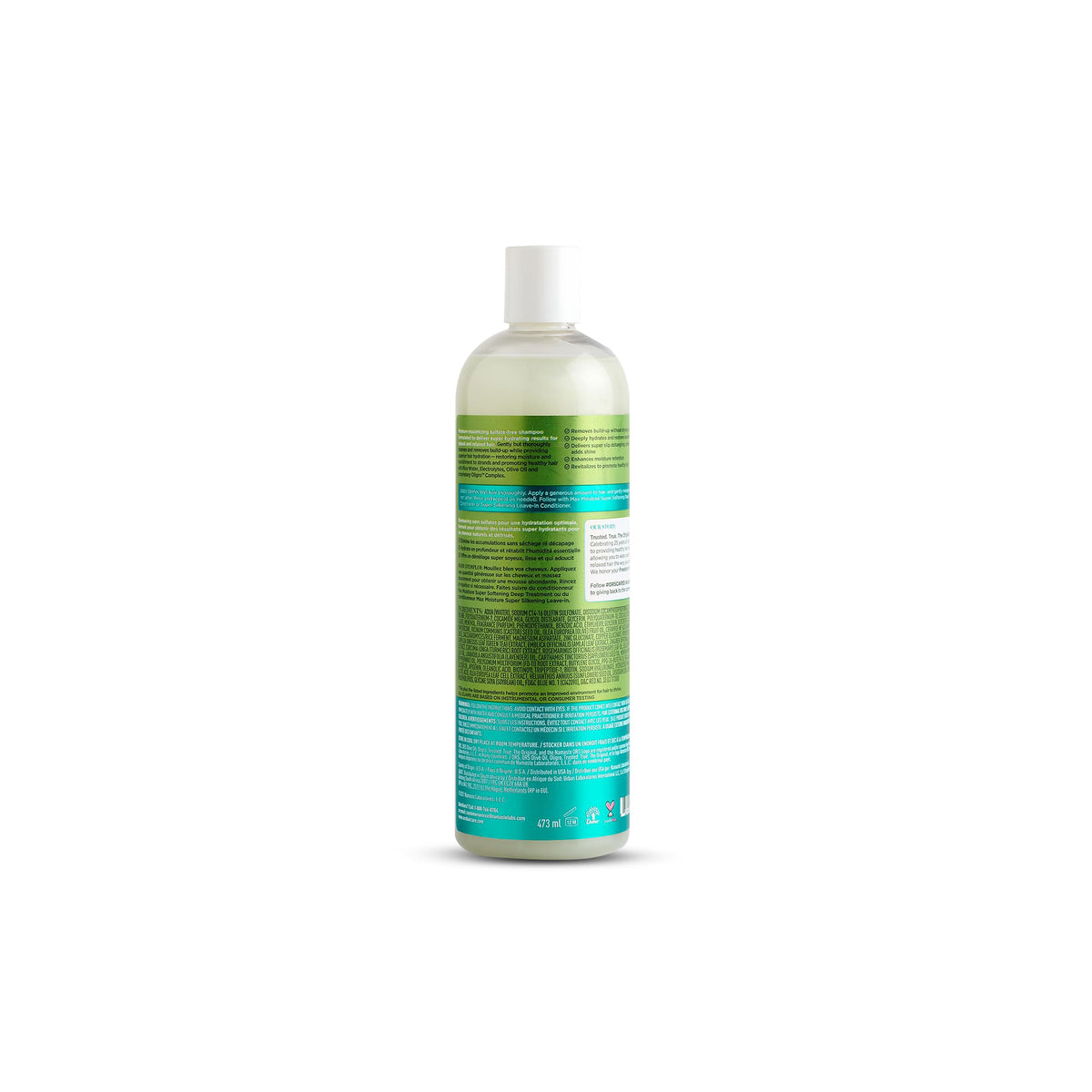 Back of ORS Olive Oil Max Moisture Super Hydrating Sulfate-Free Shampoo (473 ml) with information on ingredients and usage.