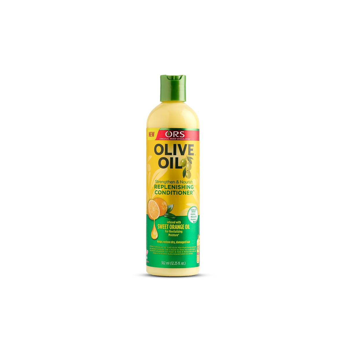 ORS Olive Oil Replenishing Conditioner (362ml) with sweet orange oil for revitalized moisture and care for dry, damaged hair.