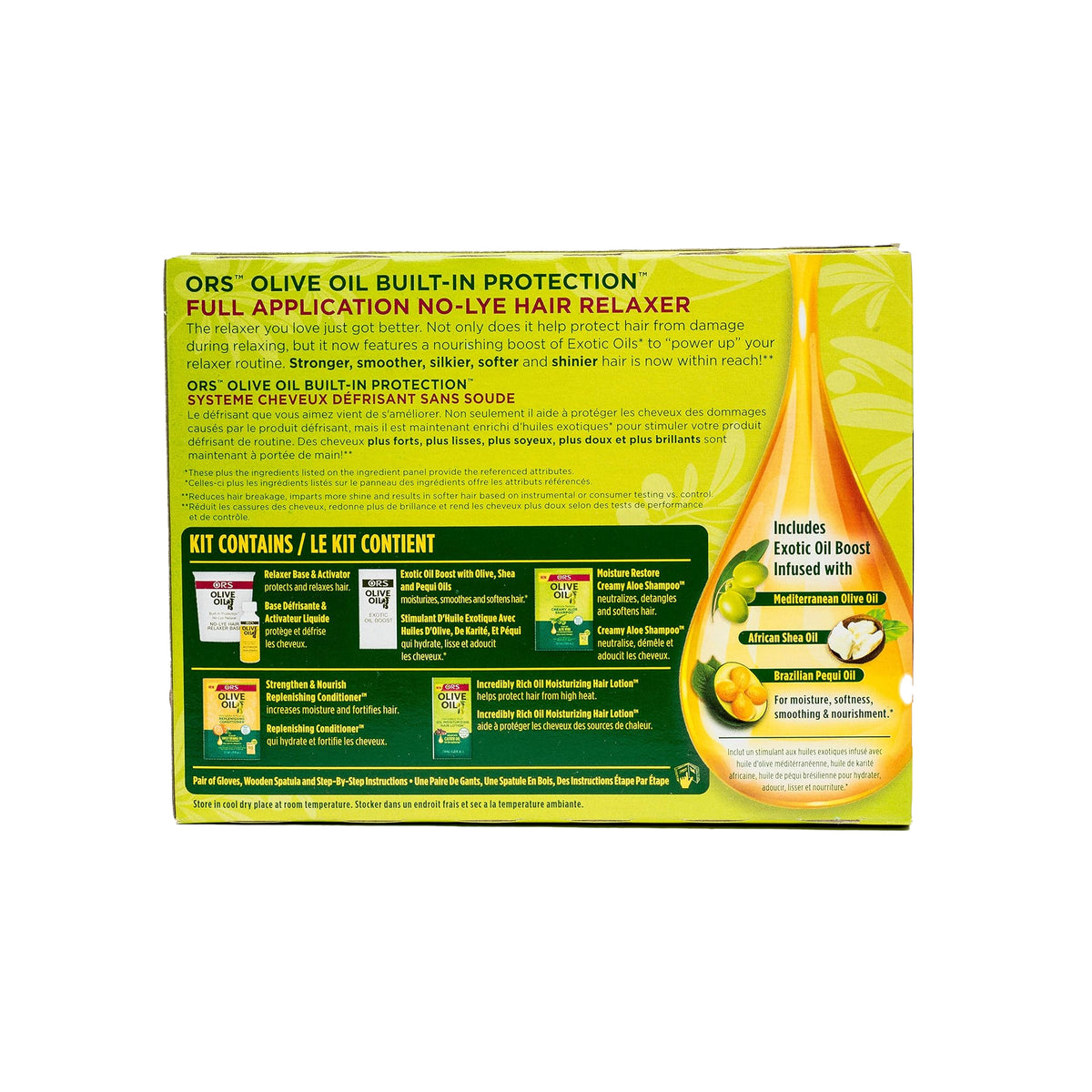 Back of ORS Olive Oil No-Lye Hair Relaxer Kit (Extra Strength) with information on ingredients, directions for use and benefits such as reducing breakage and adding shine.